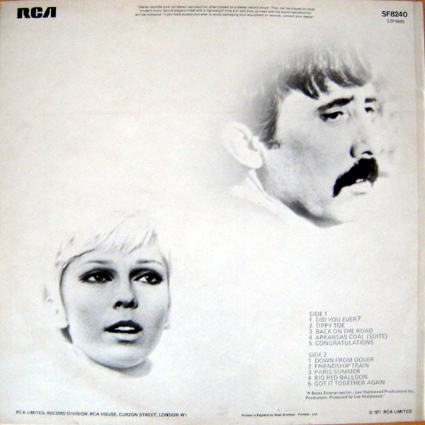 Image of Back Cover of LP - VG/VG+ - NANCY SINATRA AND LEE HAZLEWOOD, Did You Ever? (RCA Victor Orange; SF8240, UK 1971, Laminated Front Sleeve), Non-laminated front sleeve. Light marks only. Discolouration, light edge wear.,  - 3926342E