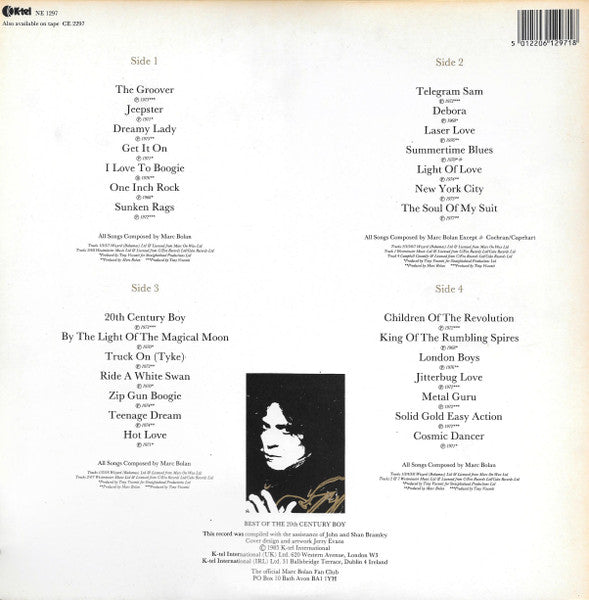 Image of Back Cover of 2xLP - VG/VG+ - MARC BOLAN AND T. REX, Best Of The 20th Century Boy (K-Tel; NE 1297, UK 1985, Gatefold), Promo stamp on backk of sleeve.,  - 3726023E
