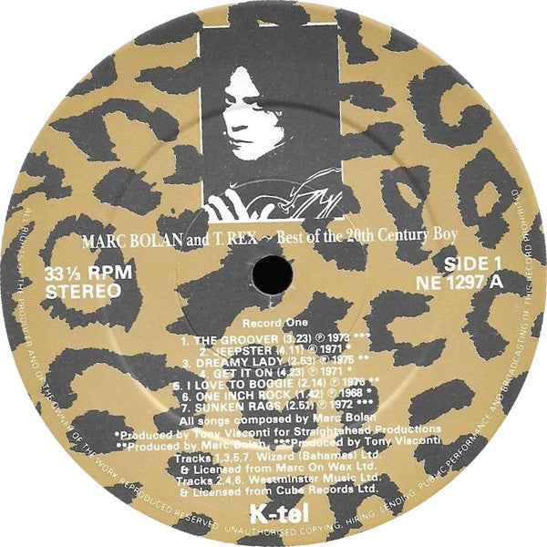 Image of Label Cover of 2xLP - VG/VG+ - MARC BOLAN AND T. REX, Best Of The 20th Century Boy (K-Tel; NE 1297, UK 1985, Gatefold), Promo stamp on backk of sleeve.,  - 3716468C