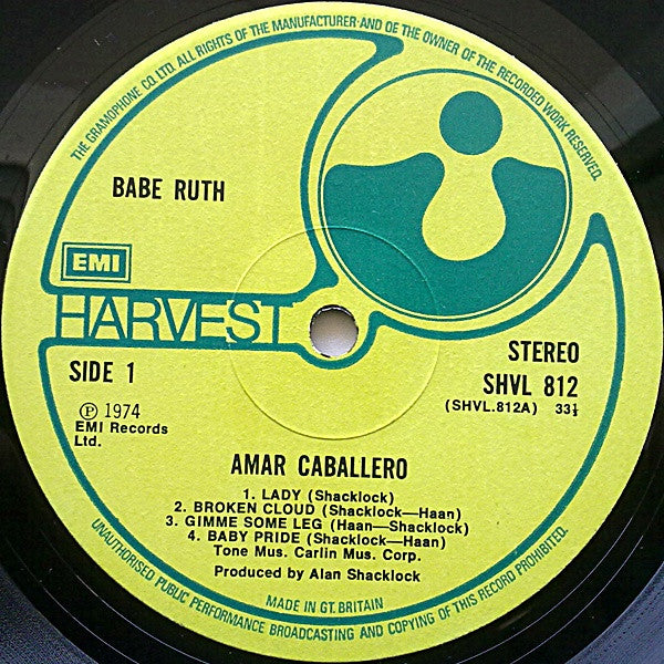 Image of Label Cover of 0345214S: LP - BABE RUTH, Amar Caballero (Harvest; SHVL812, UK 1974, Gatefold) Edge Wear  VG/G+