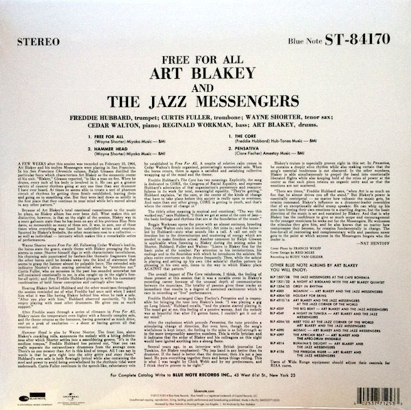 Image of Back Cover of LP - NEW/NEW - ART BLAKEY AND THE JAZZ MESSENGERS, Free For All (Back To Blue; 84170, Europe 2014 Reissue, Inner, 180 Gram Vinyl), ,  - 2416202C