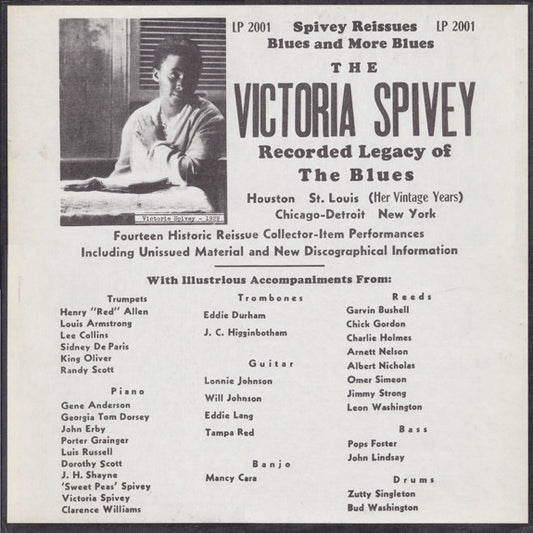 Image of Front Cover of 2114073C: LP - VICTORIA SPIVEY, The Victoria Spivey Recorded Legacy Of The Blues (Spivey Records; LP2001, US 1960s) Some compression marks on disc.  VG+/VG