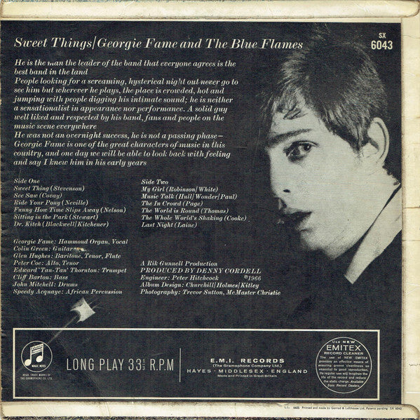Image of Back Cover of LP - VG+/VG - GEORGIE FAME, Sweet Things (Columbia Blue/Black; SX6043, UK 1966, Laminated Flipback Sleeve, Mono), ,  - 4126145E
