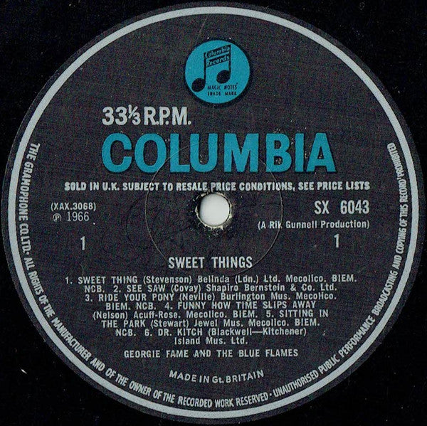 Image of Label Cover of LP - VG+/VG - GEORGIE FAME, Sweet Things (Columbia Blue/Black; SX6043, UK 1966, Laminated Flipback Sleeve, Mono), ,  - 4126145E
