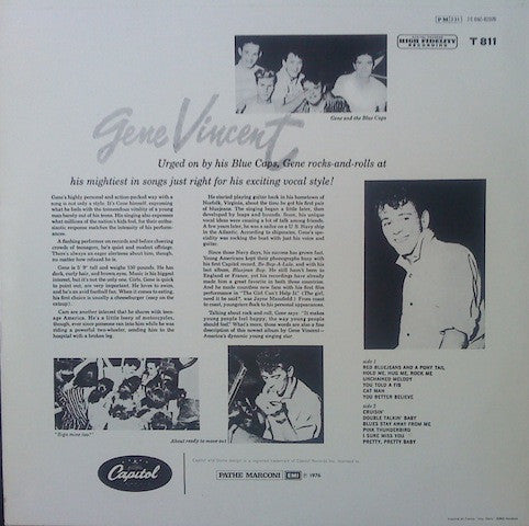 Image of Back Cover of 2625248E: LP - GENE VINCENT AND THE BLUE CAPS, Gene Vincent and the Blue Caps (Capitol ; T811, France 1976 Reissue)   G+/G+
