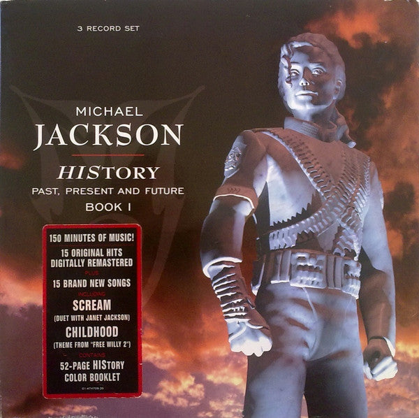 Image of Front Cover of 3xLP - VG+/VG - MICHAEL JACKSON, HIStory - Past, Present And Future - Book I (Epic; EPC 474709 1, Europe 1995, Hype Stickered Gatefold Sleeve, 3 Inners & Booklet), With small merch insert. Pressing flaw that sounds for a few revolutions track F2, otherwise sound. Minor general wear to sleeve,  - 2516147C