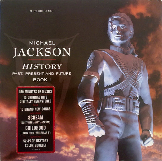Image of Front Cover of 3xLP - VG+/VG - MICHAEL JACKSON, HIStory - Past, Present And Future - Book I (Epic; EPC 474709 1, Europe 1995, Hype Stickered Gatefold Sleeve, 3 Inners & Booklet), With small merch insert. Pressing flaw that sounds for a few revolutions track F2, otherwise sound. Minor general wear to sleeve,  - 2516147C