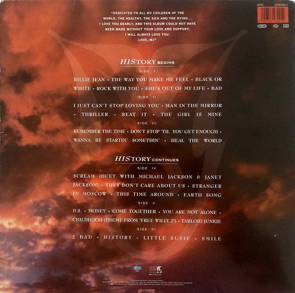 Image of Back Cover of 3xLP - VG+/VG - MICHAEL JACKSON, HIStory - Past, Present And Future - Book I (Epic; EPC 474709 1, Europe 1995, Hype Stickered Gatefold Sleeve, 3 Inners & Booklet), With small merch insert. Pressing flaw that sounds for a few revolutions track F2, otherwise sound. Minor general wear to sleeve,  - 2516147C