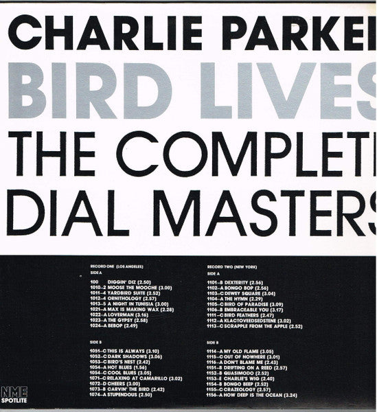 Image of Back Cover of 2xLP - VG+/VG+ - CHARLIE PARKER, Bird Lives: The Complete Dial Masters (New Musical Express; JU-6-7333, UK 1988, Gatefold, Inner), With Insert,  - 4026320E