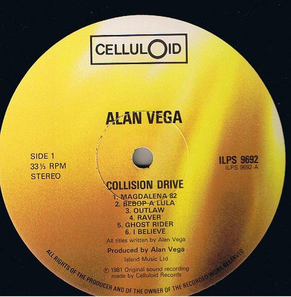 Image of Label Cover of LP - VG/VG+ - ALAN VEGA, Collision Drive (Celluloid; ILPS 9692, UK 1981, Black Inner), Edge and Ring Wear,  - 3546173S