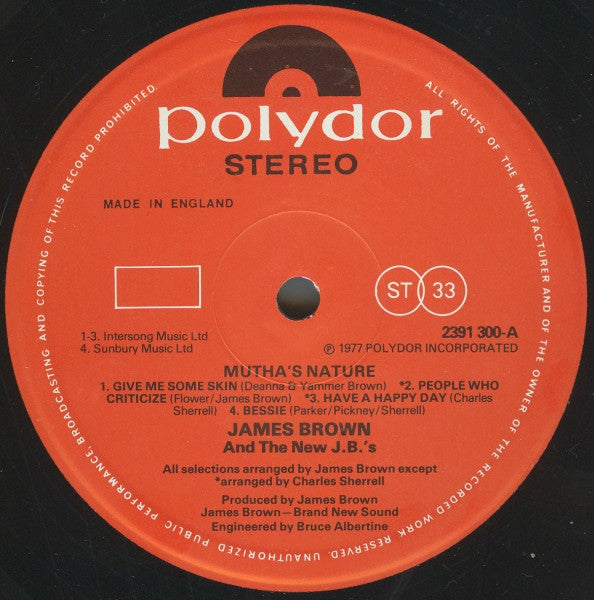 Image of Label Cover of LP - VG/VG+ - JAMES BROWN, Mutha's Nature (Polydor; 2391 300, UK 1977), ,  - 3626234E