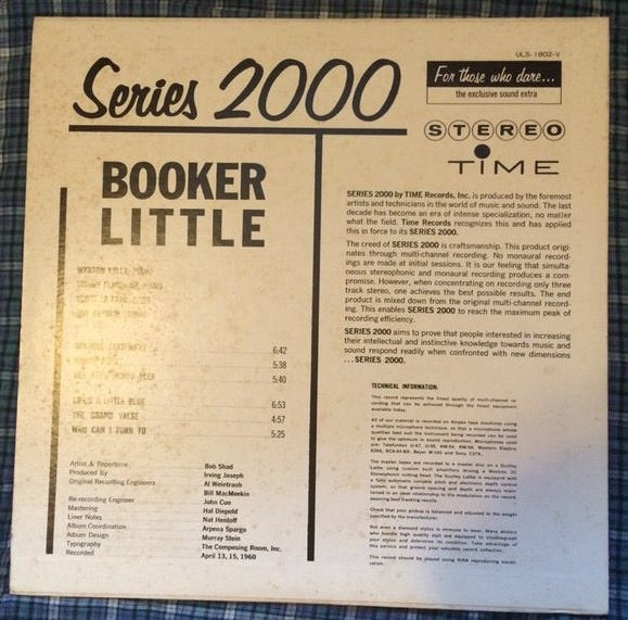 Image of Back Cover of 4614031C: LP - BOOKER LITTLE, Booker Little (Time Records; ULS-1802-V, Japan 1975 Reissue, Insert, No Obi) Light marks to vinyl. Early ring wear to sleeve.  VG/VG