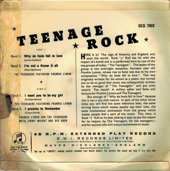Image of Back Cover of 7" EP - VG/VG - TEENAGERS (FEATURING FRANKIE LYMON), Teenage Rock (Columbia; SEG 7662, UK 1957, Laminated Flipback Sleeve, Mono), Laminate Peeling At Sleeve Edge,  - 4225213E