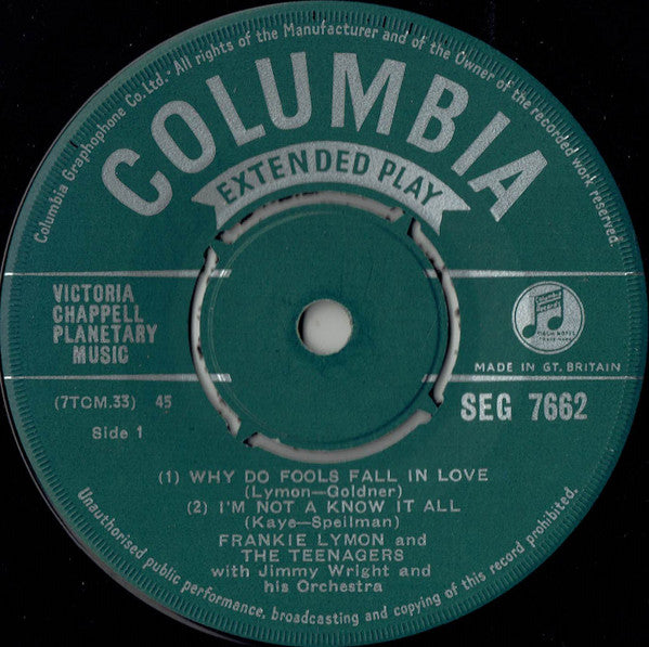 Image of Label Cover of 7" EP - VG/VG - TEENAGERS (FEATURING FRANKIE LYMON), Teenage Rock (Columbia; SEG 7662, UK 1957, Laminated Flipback Sleeve, Mono), Laminate Peeling At Sleeve Edge,  - 4225213E