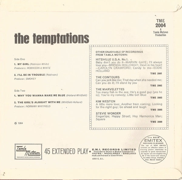 Image of Back Cover of 2114288C: 7" EP - THE TEMPTATIONS, The Temptations (Tamla Motown; TME 2004, UK 1965, Flipback Sleeve, Mono) Sleeve has date stamp and light ring wear on reverse  VG+/VG+