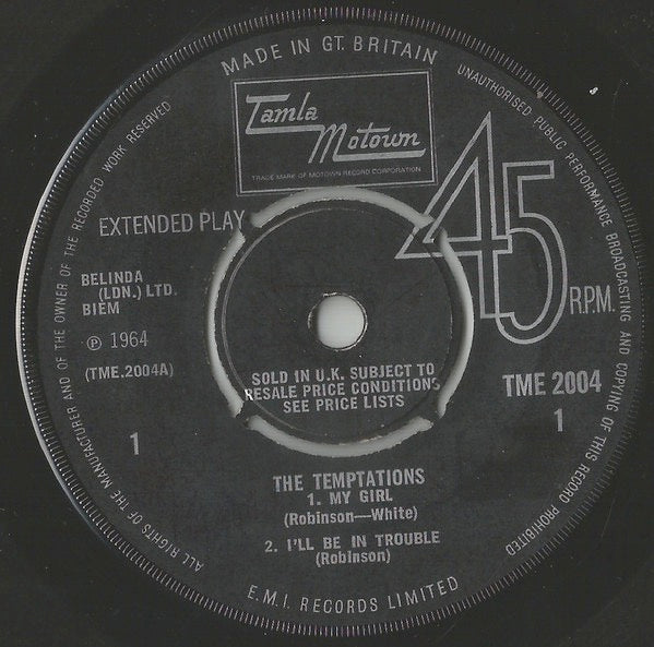 Image of Label Cover of 2114288C: 7" EP - THE TEMPTATIONS, The Temptations (Tamla Motown; TME 2004, UK 1965, Flipback Sleeve, Mono) Sleeve has date stamp and light ring wear on reverse  VG+/VG+