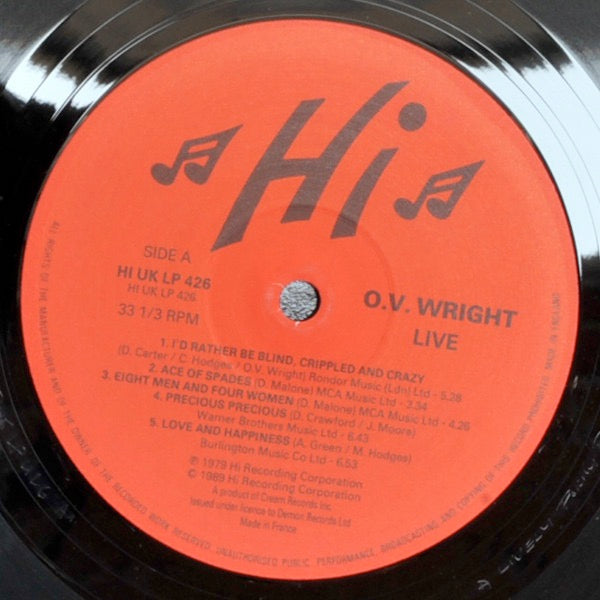 Image of Label Cover of LP - VG+/VG - O.V. WRIGHT, Live (Hi; HI UK LP 426, UK 1989), Light Marks only.,  - 1616398C