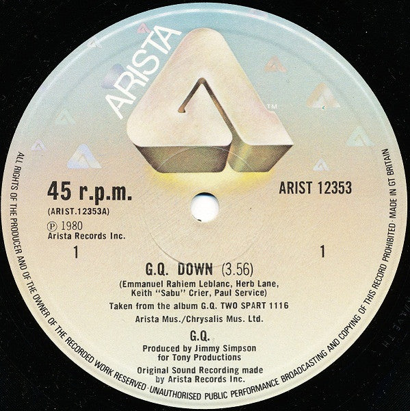 Image of Front Cover of 12" - VG+/VG - G.Q., G.Q. Down / It's Like That / Lies (Arista; ARIST 12353, UK 1980, Company Sleeve), Light marks only,  - 3226366E