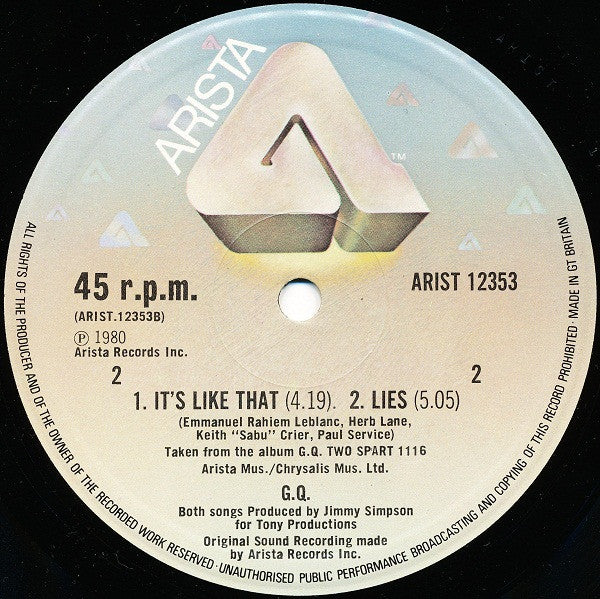 Image of Back Cover of 12" - VG+/VG - G.Q., G.Q. Down / It's Like That / Lies (Arista; ARIST 12353, UK 1980, Company Sleeve), Light marks only,  - 3226366E