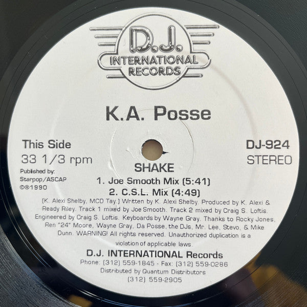 Image of Back Cover of 4244084S: 12" - K.A. POSSE, Stick Music/Shake (DJ International; DJ-924, US 1990) spindle marks on label. one or two whispy hairlines - minor  /VG