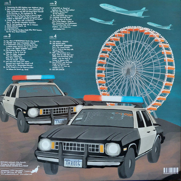 Image of Back Cover of 2xLP - NEW/NEW - SUFJAN STEVENS, Illinoise (Asthmatic Kitty Records; AKR014LP, US 2015 Reissue, Triple Gatefold, Insert), , Sufjan weaves variegated musical styles (jazz, funk, pop, folk, and Rodgers & Hammerstein-like flourishes) and the textures of 25 instruments into a tapestry of persons and places famous, infamous, iconic and anonymous. Invoking the muse of poet Carl Sandburg, Illinoise ushers in trumpets on parade, string quartets, female choruses and ambient piano scales arrang