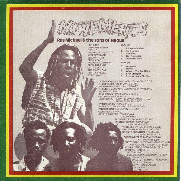 Image of Back Cover of 4744143S: LP - RAS MICHAEL & THE SONS OF NEGUS, Movements (Dynamic Sounds; , Jamaica 1978) Light marks only. Stamps on sleeve.  VG/VG+