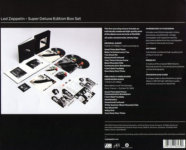 Image of Back Cover of 2xLP - NEW/NEW - LED ZEPPELIN, Led Zeppelin (Atlantic; 8122796439, Europe 2014 Reissue, Box Set, Hardbound 72-page book, Replica Press Kit, Numbered, Super Deluxe Edition, 180 g Vinyl, Remastered, + 2xCD), ,  - 4755010S