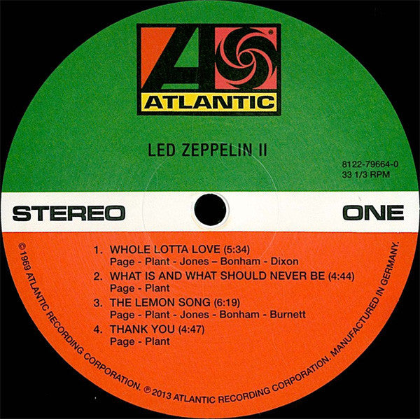 Image of Label Cover of 4254392S: LP - LED ZEPPELIN, Led Zeppelin II (Atlantic; 8122796640, Europe 2020 Reissue, Gatefold, 180 Gram Vinyl.)   NEW/NEW