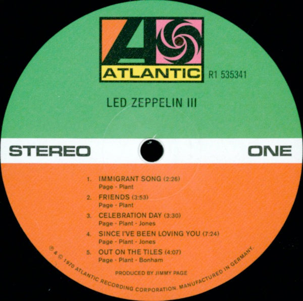Image of Label Cover of LP - NEW/NEW - LED ZEPPELIN, Led Zeppelin III (Warner Bros; 81227965761, UK 2014 Reissue, Gatefold, Stickered Sleeve, 180 Gram Vinyl), , 1970's unexpectedly acoustic-oriented Led Zeppelin III is the sleeper in the band's catalog, and remains many a fan's favorite. Includes 'Tangerine', That's the Way', 'Immigrant Song', 'Since I've Been Loving You', 'Gallows Pole' and more. - 1936190E
