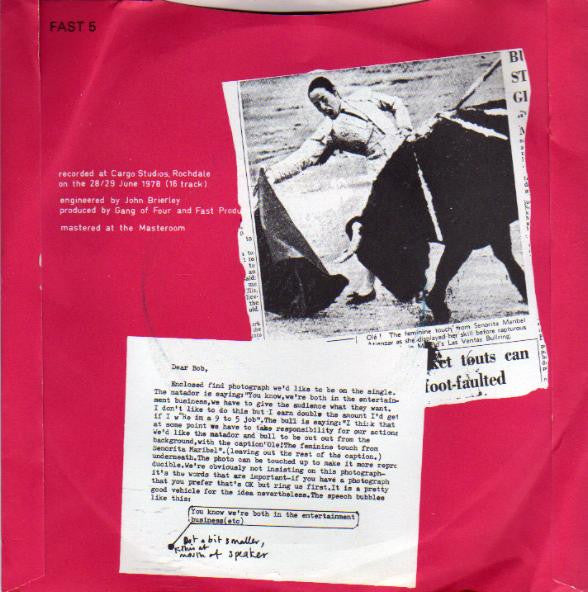Image of Back Cover of 7" - VG/EX - GANG OF FOUR, Damaged Goods / Love Like Anthrax / Armalite Rifle (Fast Product Red Labels; FAST 5, UK 1980 Reissue, No Delga Press Logo On Sleeve), Damage To Sleeve Opening,  - 1426261E