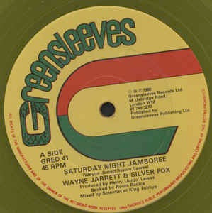 Image of Front Cover of 4514428C: 12" - WAYNE JARRETT & SILVER FOX, Saturday Night Jamboree / Got To Be Sure (Greensleeves; GRED 41, UK 1980, Company Sleeve, Yellow Vinyl) Loads of light lines, plays above grade; in company sleeve.  VG/G+