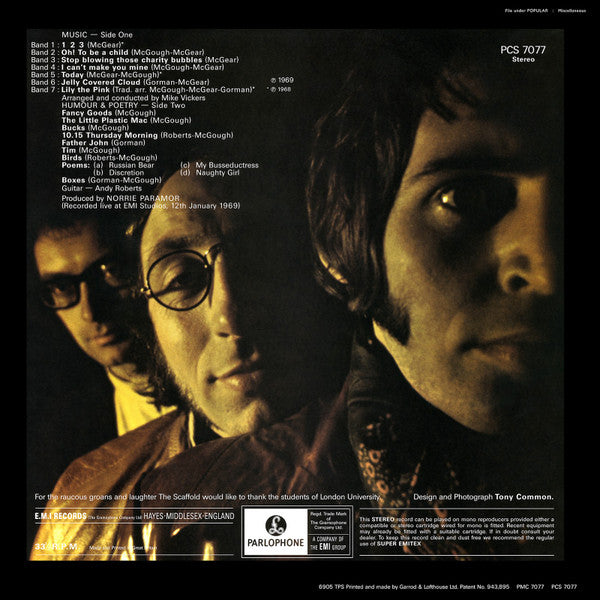 Image of Back Cover of 2424043E: LP - SCAFFOLD, L the P (Parlophone Black/Yellow; PCS 7077, UK 1969, Flipback Sleeve, Laminated Rear, Stereo)   VG/G+