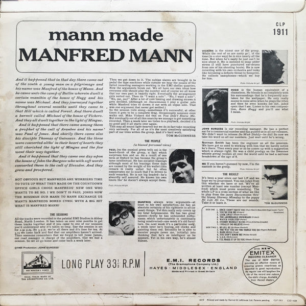 Image of Back Cover of 3624184E: LP - MANFRED MANN, Mann Made (HMV; CLP1911, UK 1965, Flipback Sleeve, Mono)   VG/VG