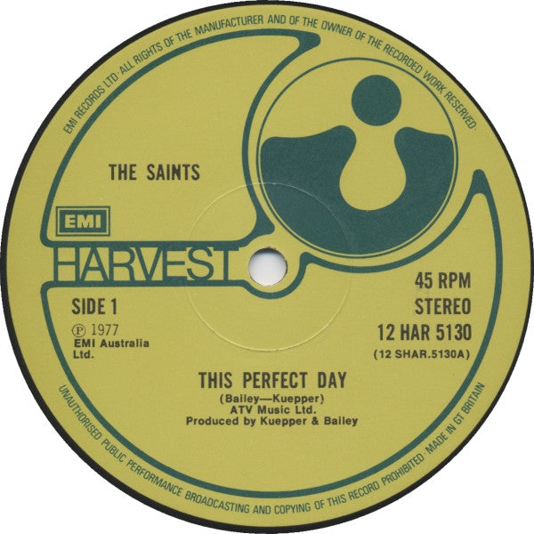 Image of Label Cover of 12" - VG/VG - SAINTS, This Perfect Day (Harvest; 12HAR5130, UK 1977, Picture Sleeve), Stickered sleeve, hairlines, edge & ring wear,  - 3746229S