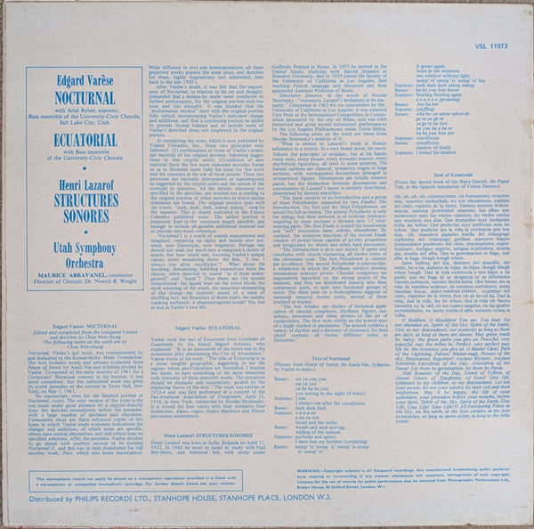 Image of Back Cover of 4844473S: LP - EDGARD VARESE / HENRI LAZAROF, Varese: Nocturnal / Ecuatorial / Structures Sonores (Vanguard;  VSL 11073, UK 1968, Laminated Sleeve)   VG+/VG+