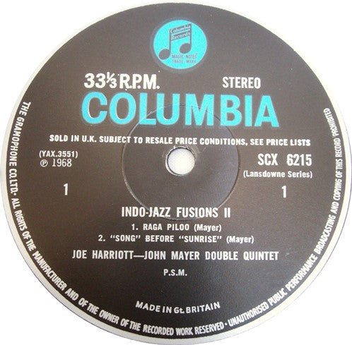 Image of Label Cover of LP - G+/VG - JOE HARRIOTT & JOHN MAYER, Indo-Jazz Fusions II (Columbia Lansdowne; SCX 6215, UK 1968, Laminated Flipback Sleeve, Stereo), Sleeve has general wear and in good shape, vinyl in strong VG,  - 3846163S