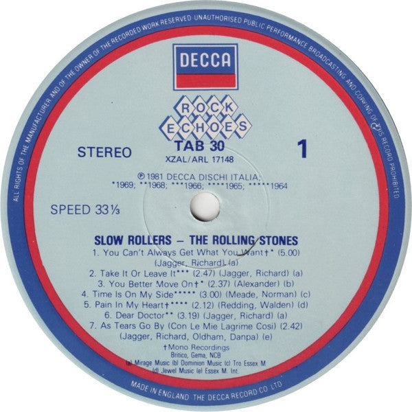 Image of Label Cover of LP - VG/VG+ - THE ROLLING STONES, Slow Rollers (Decca; TAB30, UK 1981), ,  - 3226099E