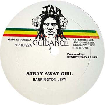 Image of Front Cover of 1914459C: 12" - BARRINGTON LEVY, Stray Away Girl / Hammer (Jah Guidance; VPRD82, US 1980s) Lots of light marks and scuffs; side A sounds like a strong VG. Side B has a couple of marks that cause a few ticks on intro and mid-way through.  /G+