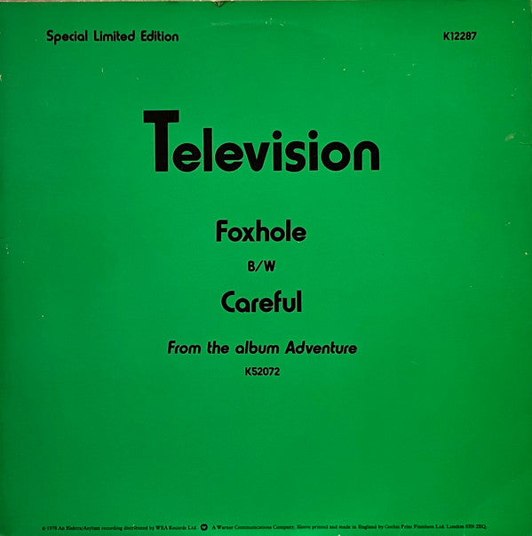 Image of Back Cover of 12" - VG/G+ - TELEVISION, Foxhole (Elektra; K12287, UK 1978, Green Sleeve, Red Vinyl), Hairlines, edge wear & creasing,  - 3646125S