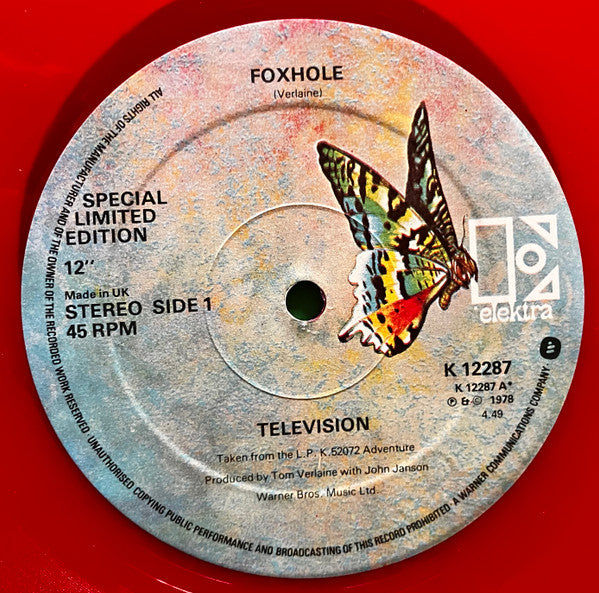 Image of Label Cover of 12" - VG/G+ - TELEVISION, Foxhole (Elektra; K12287, UK 1978, Green Sleeve, Red Vinyl), Hairlines, edge wear & creasing,  - 3646125S
