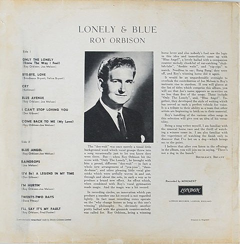 Image of Back Cover of LP - VG/VG - ROY ORBISON, Lonely And Blue (London; HAU2342, UK 1961), ,  - 4026349E
