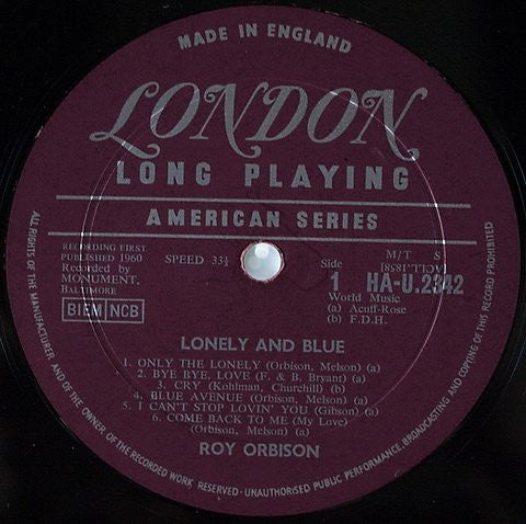 Image of Label Cover of LP - VG/VG - ROY ORBISON, Lonely And Blue (London; HAU2342, UK 1961), ,  - 4026349E