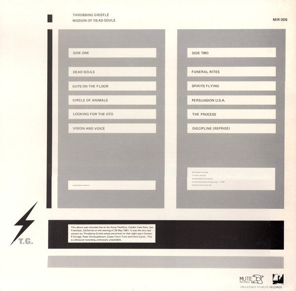 Image of Back Cover of LP - VG/VG - THROBBING GRISTLE, Mission of Dead Souls (Mute; MIR 005, UK 1983 Reissue), Strong VG, Split Seam,  - 2826066E