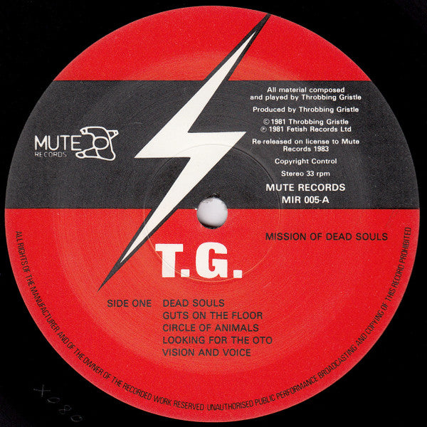 Image of Label Cover of LP - VG/VG - THROBBING GRISTLE, Mission of Dead Souls (Mute; MIR 005, UK 1983 Reissue), Strong VG, Split Seam,  - 2826066E
