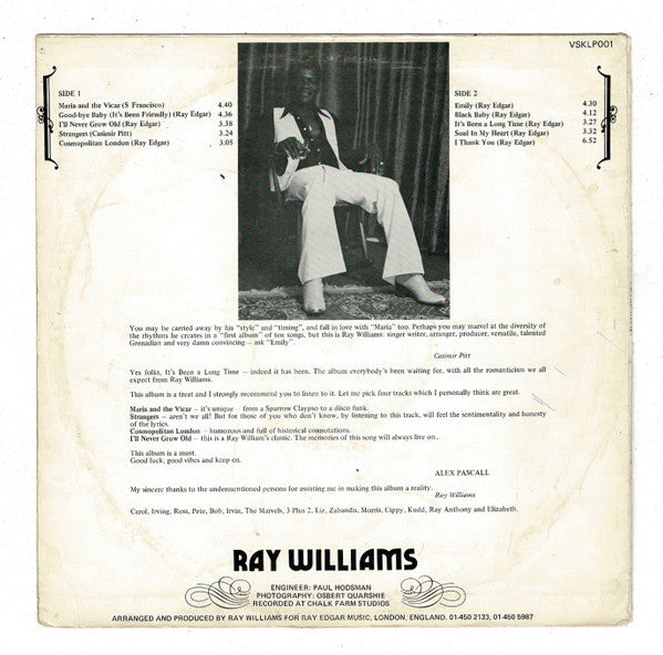 Image of Back Cover of LP - G+/VG - RAY WILLIAMS, It's Been A Long Time (Vasko; VSKLP 001, UK 1978), A couple of light marks. Sleeve is water damaged but still looks acceptable.,  - 1946339S