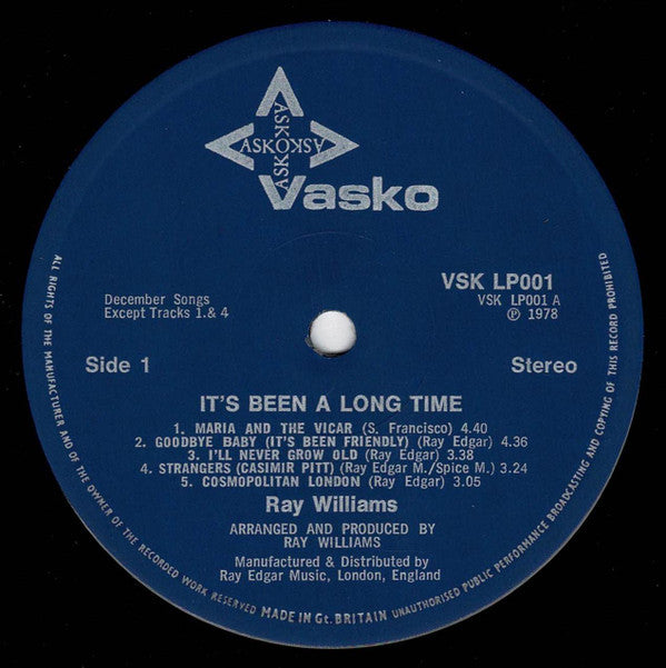 Image of Label Cover of LP - G+/VG - RAY WILLIAMS, It's Been A Long Time (Vasko; VSKLP 001, UK 1978), A couple of light marks. Sleeve is water damaged but still looks acceptable.,  - 1946339S