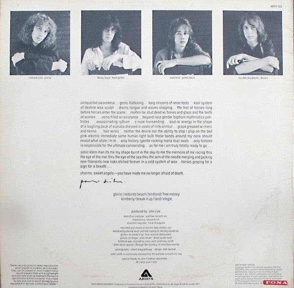 Image of Back Cover of 4444212S: LP - PATTI SMITH, Horses (Arista Blue with White Logo; ARTY 122, UK 1975) Intact sleeve with light wear and marks. Disc is strong G+, nothing deep but many superficials marks.  VG/G+