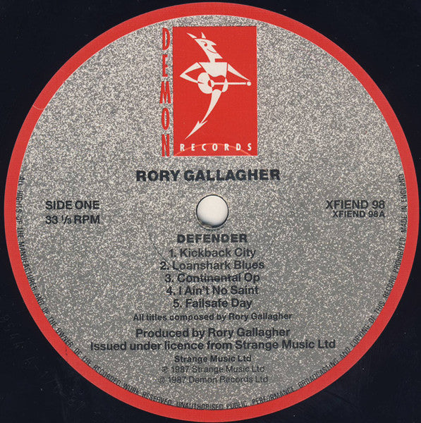 Image of Label Cover of LP - VG/VG - RORY GALLAGHER, Defender (Demon; XFIEND98, UK 1987, Inner, Includes 7''), ,  - 2226346E