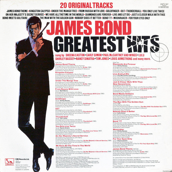 Image of Back Cover of LP - VG+/VG+ - VARIOUS, James Bond Greatest Hits (EMI; EMTV007, UK 1982), ,  - 2526371E