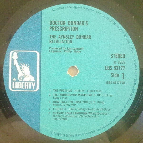Image of Label Cover of LP - G+/G - AYNSLEY DUNBAR RETALIATION, Doctor Dunbar's Prescription (Liberty Blue; LBS83177, UK 1968, Laminated Sleeve, Stereo), Covered In Marks - Plays With Light Noise, Writing On Front Sleeve,  - 0726240E